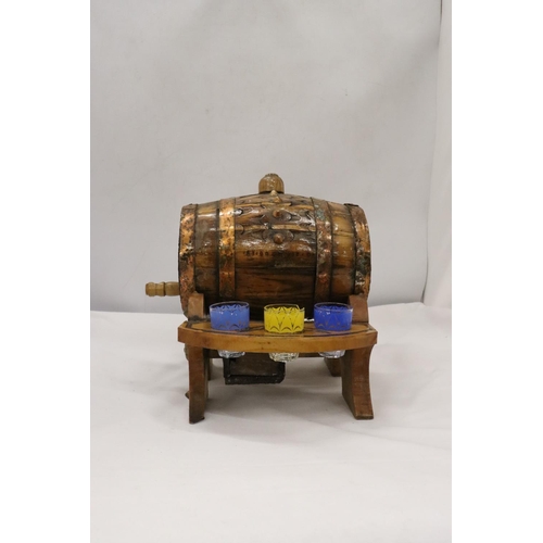 230 - A SMALL VINTAGE BARREL WITH SIX GLASSES - 1 A/F