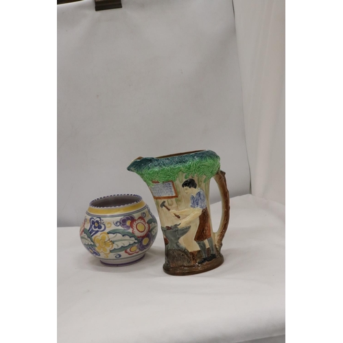 235 - A VINTAGE BURLEIGH WARE JUG 'THE VINTAGE BLACKSMITH', HEIGHT 22CM PLUS A POOLE POTTERY VASE, HEIGHT ... 