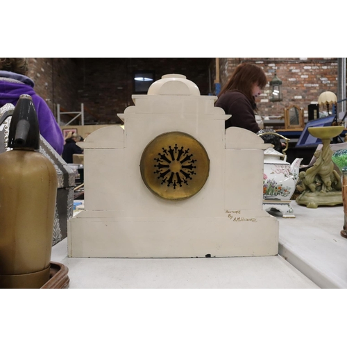 239 - A MARBLE MANTLE CLOCK WITH A SIX COLUMN DESIGN PAINTED BY AM HEPWORTH