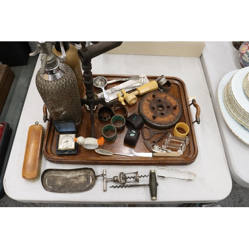 240 - A MIXED VINTAGE LOT TO INCLUDE AN OAK HANDLED TRAY, NAPKIN RINGS, SODA SYPHONS, KNIFE RESTS, FLATWAR... 