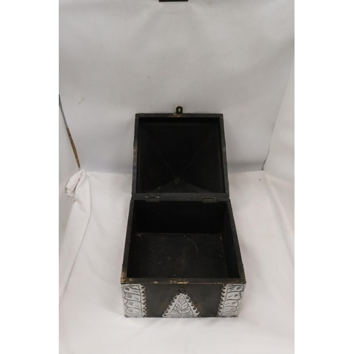 241 - A VINTAGE WOOD AND METAL PYRAMID SHAPED BOX, HEIGHT 38CM