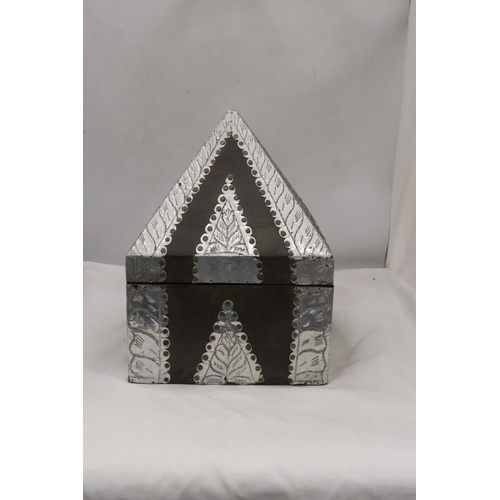 241 - A VINTAGE WOOD AND METAL PYRAMID SHAPED BOX, HEIGHT 38CM