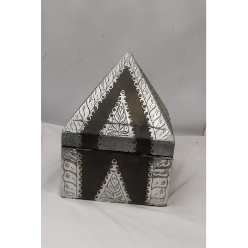 241 - A VINTAGE WOOD AND METAL PYRAMID SHAPED BOX, HEIGHT 38CM