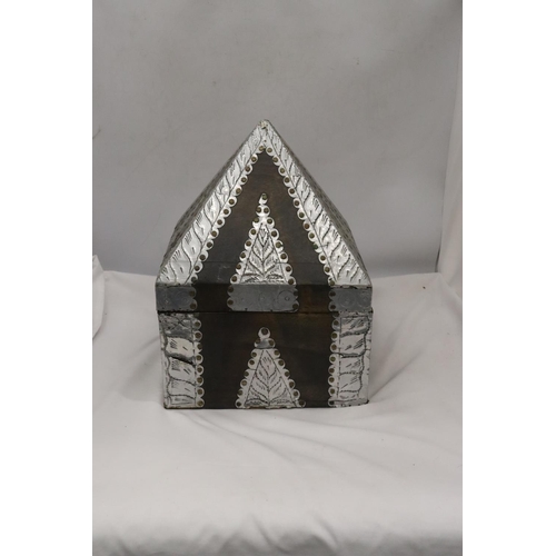 241 - A VINTAGE WOOD AND METAL PYRAMID SHAPED BOX, HEIGHT 38CM