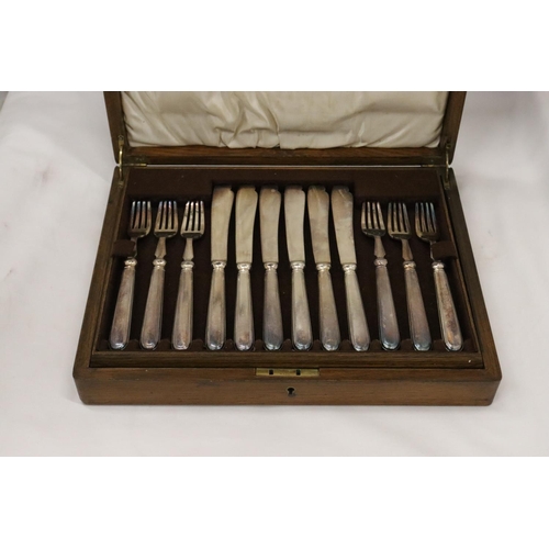 243 - A VINTAGE MAPPIN AND WEBB KNIFE AND FORK SET IN A MAHOGANY CASE