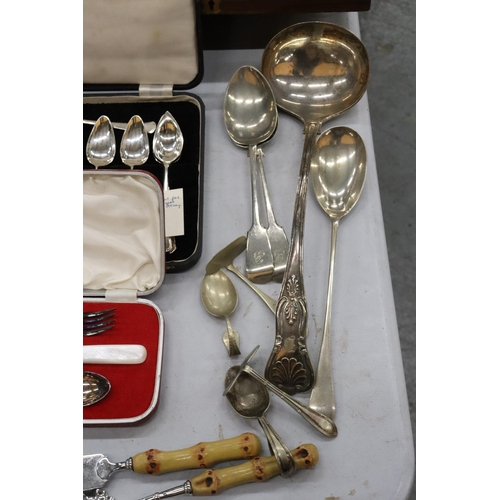 248 - A QUANTITY OF VINTAGE FLATWARE, MOSTLY BOXED, TO INCLUDE A LARGE LADEL, ETC