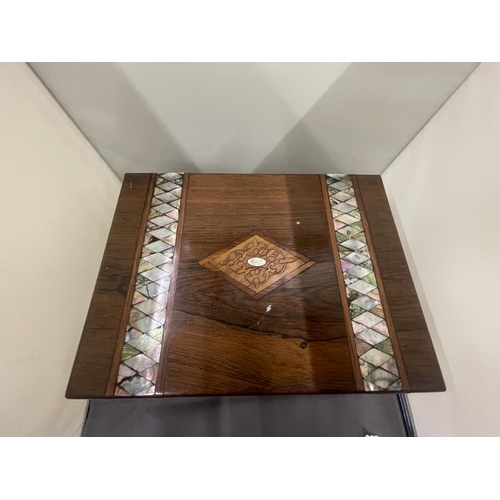 26 - A MOTHER OF PEARL INLAID BOX WITH KEY AND LINED LID