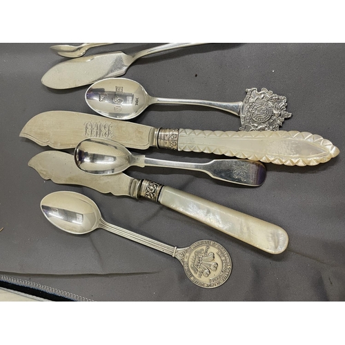 28 - TEN PIECES OF VARIOUS MARKED SILVER ITEMS TO INCLUDE NIPS, FORKS, SPOONS AND KNIVES