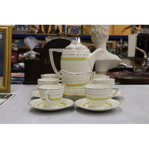 294 - A WEDGWOOD ART DECO COFFEE SET TO INCLUDE A COFFEE POT, CREAM JUG, SUGAR BOWL, CUPS AND SAUCERS - 15... 