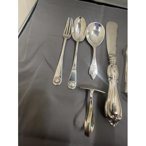 34 - EIGHT VARIOUS MARKED SILVER ITEMS TO INCLUDES SPOONS, NIPS, FORKS ETC GROSS WEIGHT 167 GRAMS