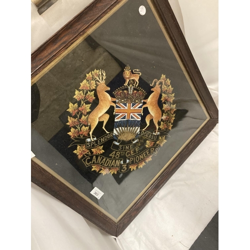 363 - A FRAMED PAINTED 48TH C.E.F. CANADIAN 3RD PIONEERS BADGE, 61 X 63CM, MEDICAL CORPS AND TWO NEEDLEWOR... 