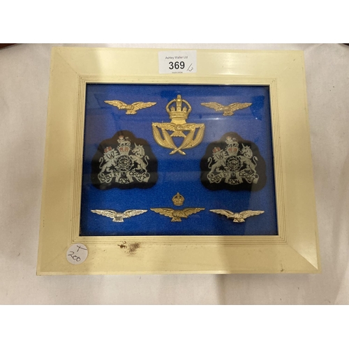 369 - A FRAMED COLLECTION OF RAF BADGES AND TWO FRAMED PLANE COLLECTIONS