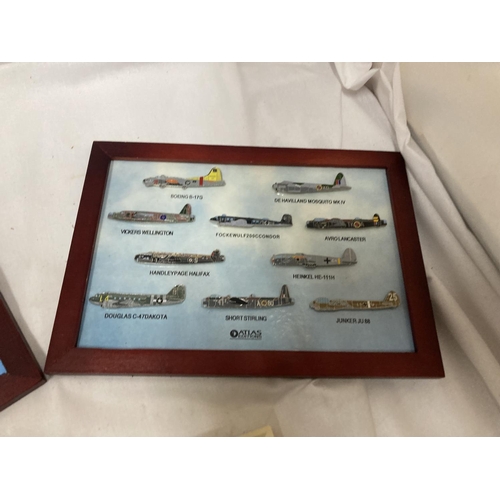 369 - A FRAMED COLLECTION OF RAF BADGES AND TWO FRAMED PLANE COLLECTIONS