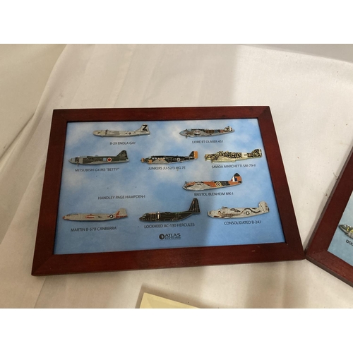 369 - A FRAMED COLLECTION OF RAF BADGES AND TWO FRAMED PLANE COLLECTIONS