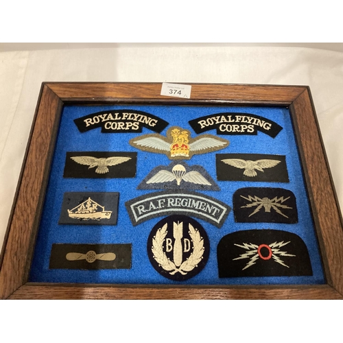 374 - TWO FRAMED COLLECTIONS OF ROYAL FLYING CORPS CLOTH BADGES