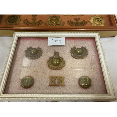 377 - A FRAMED COLLECTION OF CHESHIRE REGIMENT BADGES AND A FRAMED COLLECTION OF ROYAL MARINES BADGES