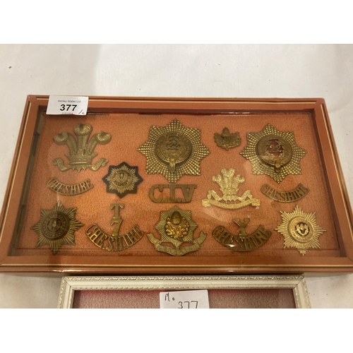 377 - A FRAMED COLLECTION OF CHESHIRE REGIMENT BADGES AND A FRAMED COLLECTION OF ROYAL MARINES BADGES