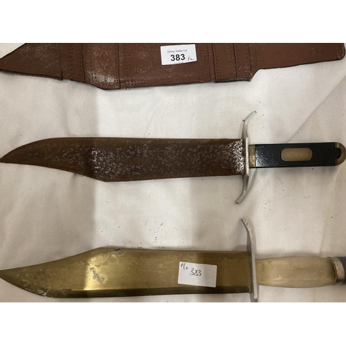 383 - TWO BOWIE KNIVES, ONE WITH LEATHER SCABBARD AND 27CM BLADE AND ANOTHER WITH 26.5CM BLADE