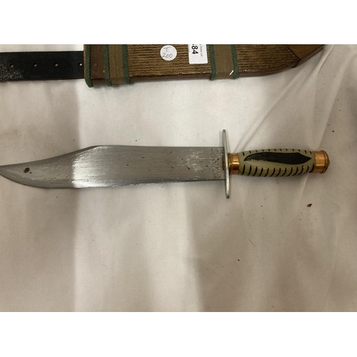 384 - A BOWIE KNIFE AND SCABBARD WITH 26.5CM BLADE