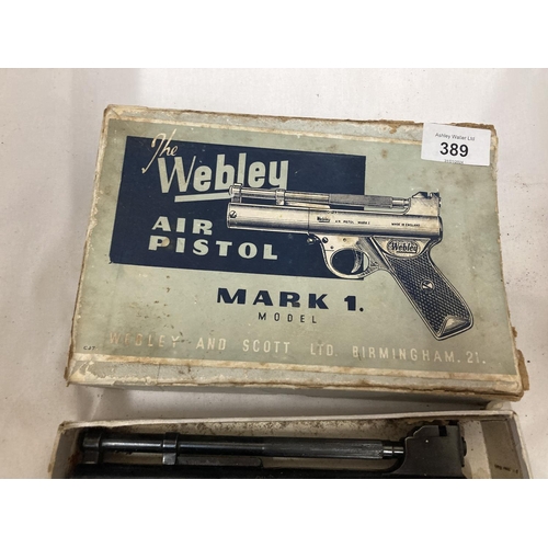 389 - A BOXED WEBLEY AND SCOTT 177 CALIBRE MARK I AIR PISTOL WITH 16.5 CM BARREL, SERIAL NUMBER 139