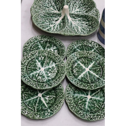 452 - A T G GREEN CORNISH WARE JAR AND A PORTUGUESE SECTIONED HORS D'OEUVRES DISH WITH SIX SIDE PLATES