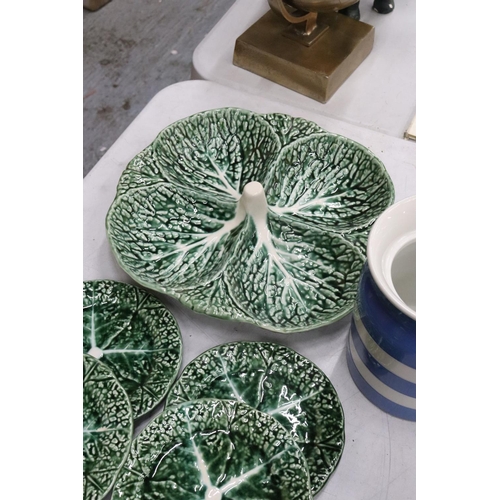 452 - A T G GREEN CORNISH WARE JAR AND A PORTUGUESE SECTIONED HORS D'OEUVRES DISH WITH SIX SIDE PLATES