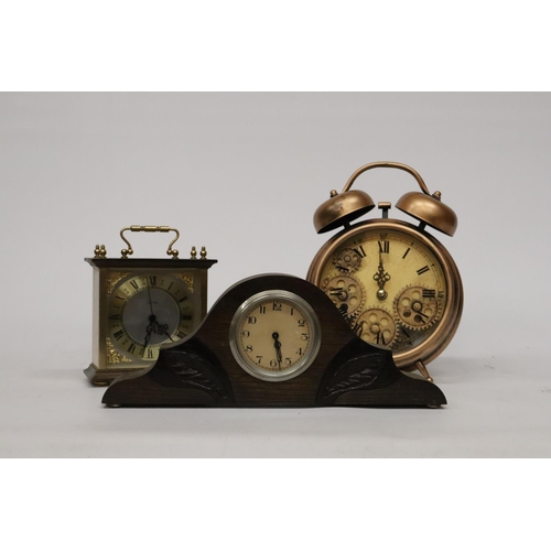 466 - TWO VINTAGE MANTLE CLOCKS PLUS A LARGE ALARM STYLE CLOCK