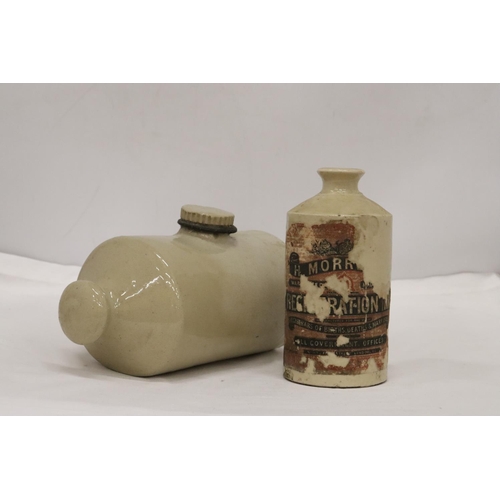 487 - AN ANTIQUE STONEWARE LARGE INK BOTTLE TOGETHER WITH A STONE BED WARMER