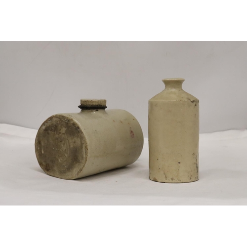 487 - AN ANTIQUE STONEWARE LARGE INK BOTTLE TOGETHER WITH A STONE BED WARMER