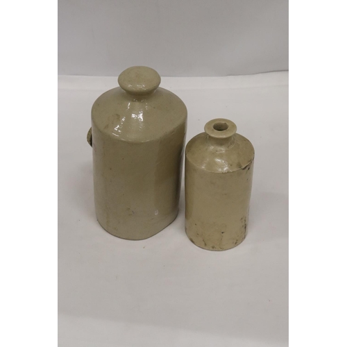 487 - AN ANTIQUE STONEWARE LARGE INK BOTTLE TOGETHER WITH A STONE BED WARMER