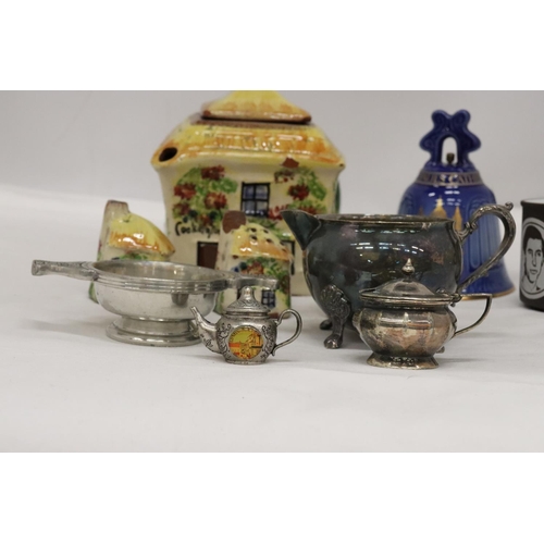 489 - A MIXED LOT TO INCLUDE A B & G, COPENHAGEN BELL, A COTTAGE WARE TEAPOT AND CRUET SET, SILVER PLATED ... 