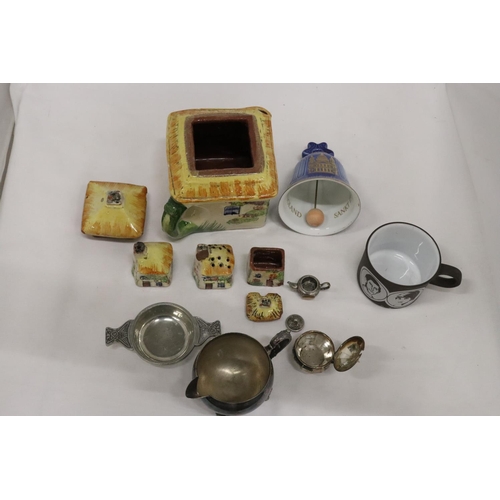 489 - A MIXED LOT TO INCLUDE A B & G, COPENHAGEN BELL, A COTTAGE WARE TEAPOT AND CRUET SET, SILVER PLATED ... 