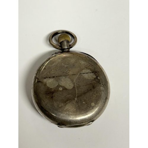 519 - A .935 SILVER HALF HUNTER POCKET WATCH GROSS WEIGHT 77.57 GRAMS, REQUIRES ATTENTION