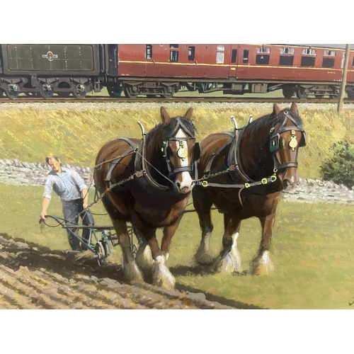 98 - A GERALD BROOM (BORN 1944 AND A MEMBER OF THE GUILD OF RAILWAY ARTISTS) GILT FRAMED OIL ON BOARD OF ... 