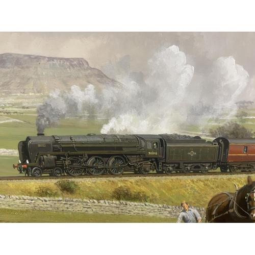 98 - A GERALD BROOM (BORN 1944 AND A MEMBER OF THE GUILD OF RAILWAY ARTISTS) GILT FRAMED OIL ON BOARD OF ... 