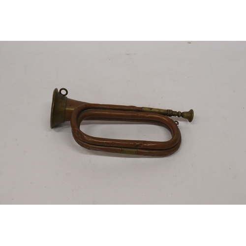 409 - A COPPER AND BRASS BUGLE, LENGTH 28CM