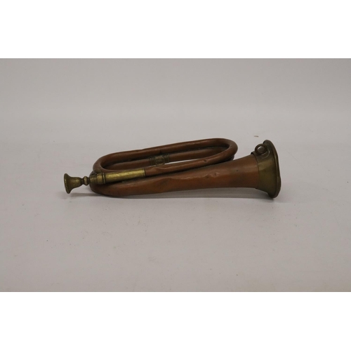 409 - A COPPER AND BRASS BUGLE, LENGTH 28CM