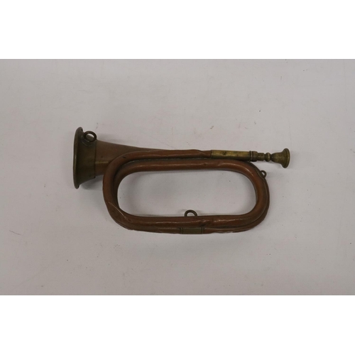 409 - A COPPER AND BRASS BUGLE, LENGTH 28CM