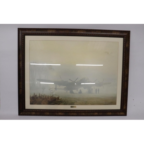 422 - A FRAMED COLOURED PRINT 'OFF DUTY LANCASTER AT REST', 56 X 75CM