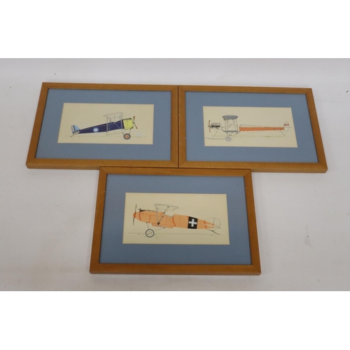 428 - THREE FRAMED PICTURES OF WORLD WAR I FIGHTER PLANES, 13.5 X 25CM