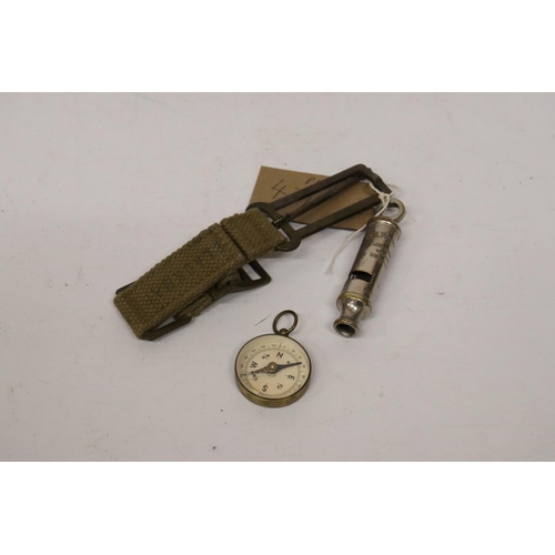 431 - A METROPOLITON WHISTLE BY J. HUDSON, BRASS COMPASS AND A STRAP