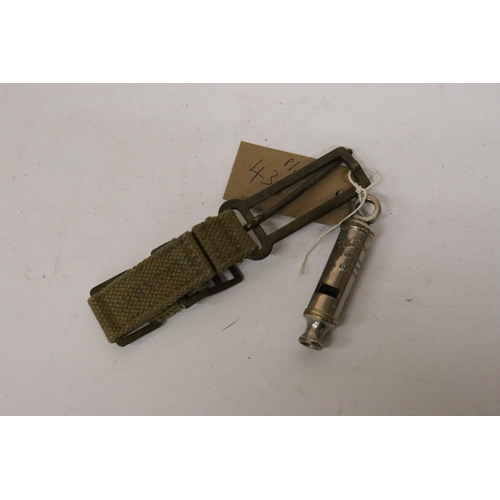 431 - A METROPOLITON WHISTLE BY J. HUDSON, BRASS COMPASS AND A STRAP