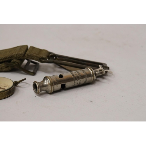 431 - A METROPOLITON WHISTLE BY J. HUDSON, BRASS COMPASS AND A STRAP