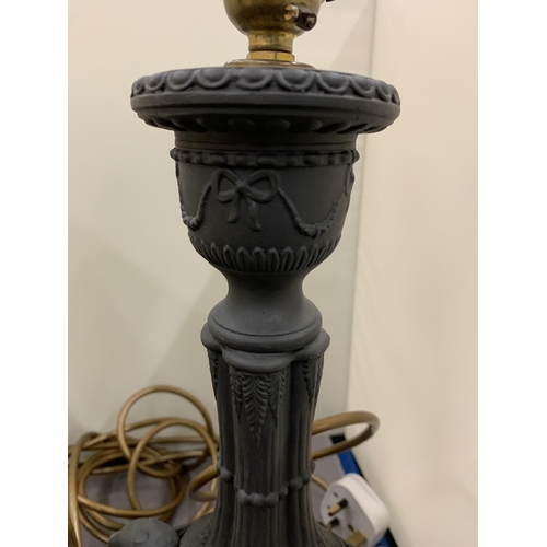 40 - A PAIR OF BLACK CERAMIC LAMPS WITH DOUBLE SPHINX DESIGN