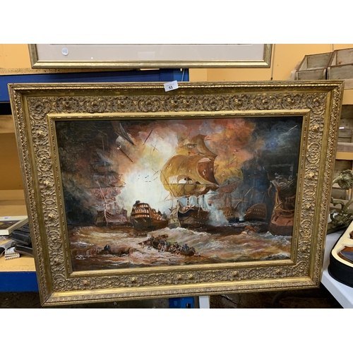 55 - A GILT FRAMED OIL ON BOARD OF A GALLEON BATTLE SCENE