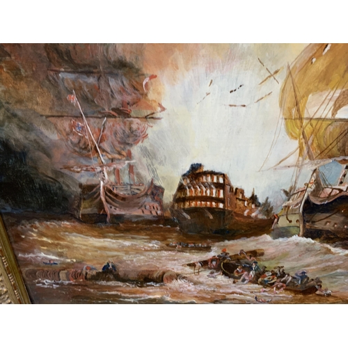 55 - A GILT FRAMED OIL ON BOARD OF A GALLEON BATTLE SCENE