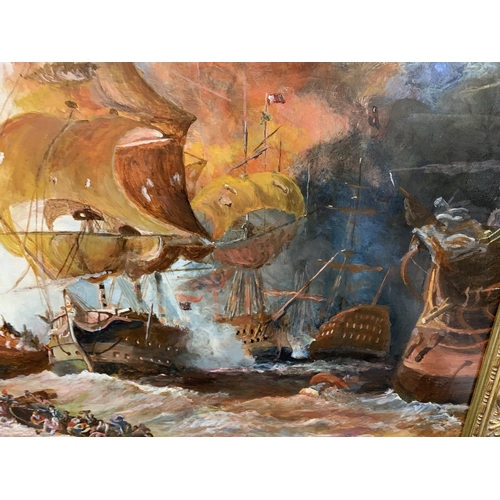 55 - A GILT FRAMED OIL ON BOARD OF A GALLEON BATTLE SCENE