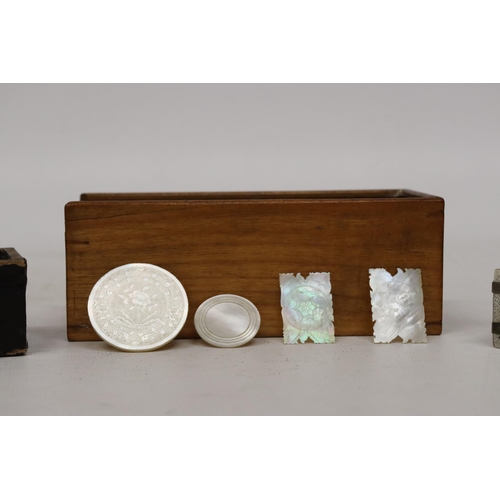 63 - A CHINESE 19TH CENTURY MOTHER OF PEARL BOX CONTAINING GAMING COUNTERS, TWO FURTHER BOXES OF MOTHER O... 