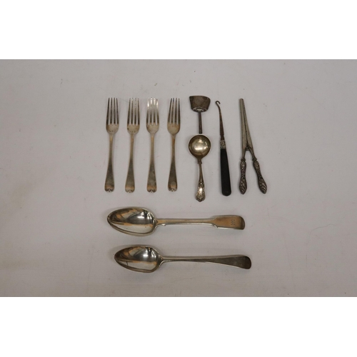 69 - A BOX CONTAINING HALLMARKED SILVER CUTLERY TOGETHER A BUTTON HOOK, ETC., WEIGHT 330 GRAM