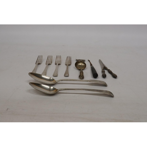 69 - A BOX CONTAINING HALLMARKED SILVER CUTLERY TOGETHER A BUTTON HOOK, ETC., WEIGHT 330 GRAM